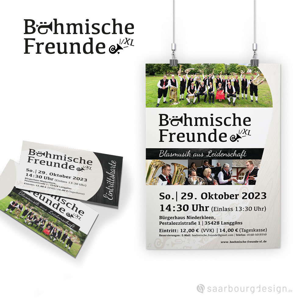 Plakat und Eintrittskarten für das Konzert der Böhmischen Freunde XL mit Musikerfotos und Konzertdaten