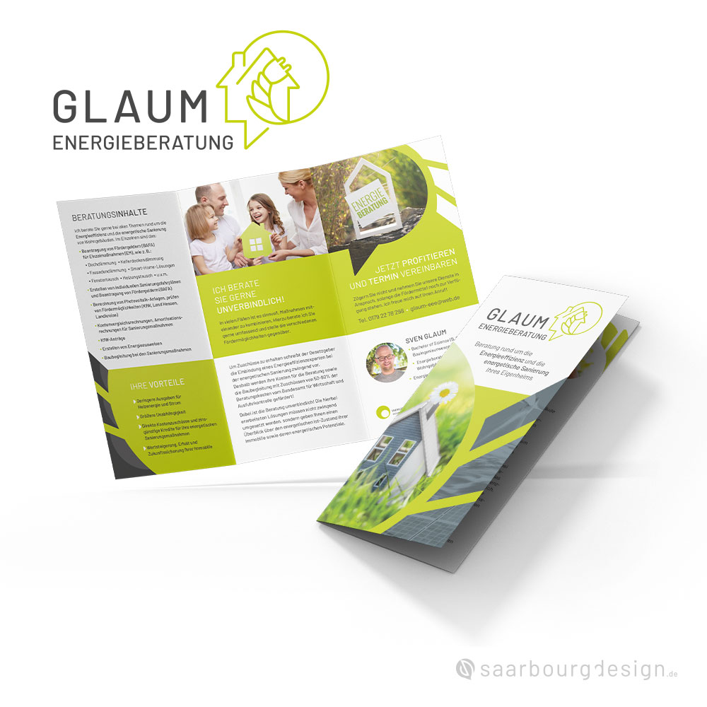 Informationsflyer der Glaum Energieberatung mit Beratungsschwerpunkten und Kontaktdaten