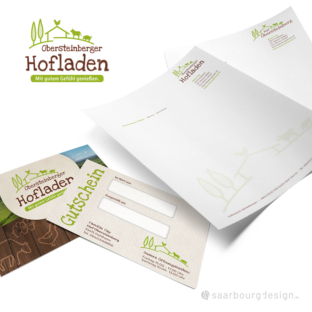 Gestaltetes Briefpapier und Geschenkgutschein für den Obersteinberger Hofladen