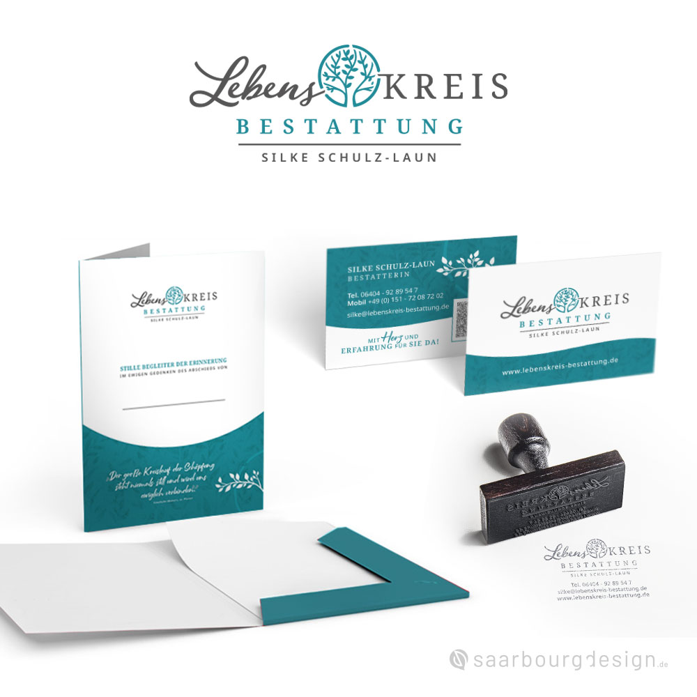 Mappe, Visitenkarte und Stempel im Corporate Design von Lebenskreis Bestattung