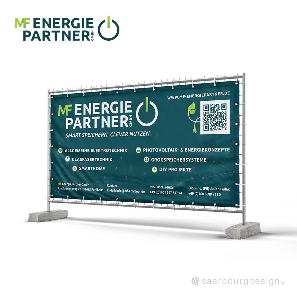 Bauzaunbanner der MF Energiepartner GmbH mit Leistungsspektrum und Kontaktdaten