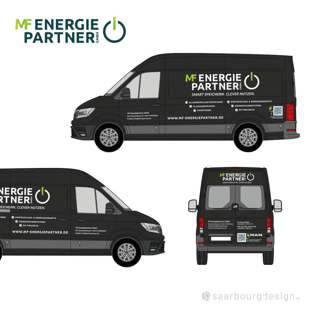 Schwarzer Transporter mit Fahrzeugbeklebung im Corporate Design der MF Energiepartner GmbH