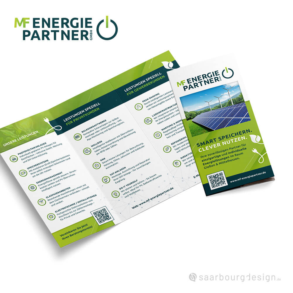 6-seitiger Infoflyer der MF Energiepartner GmbH mit Leistungsübersicht