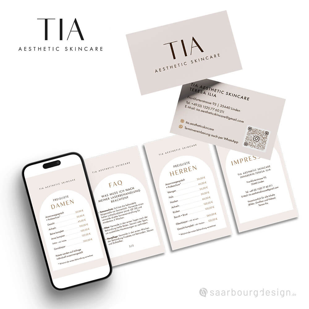 Visitenkarten und digitale Preislisten von TIA Aesthetic Skincare für Damen und Herren