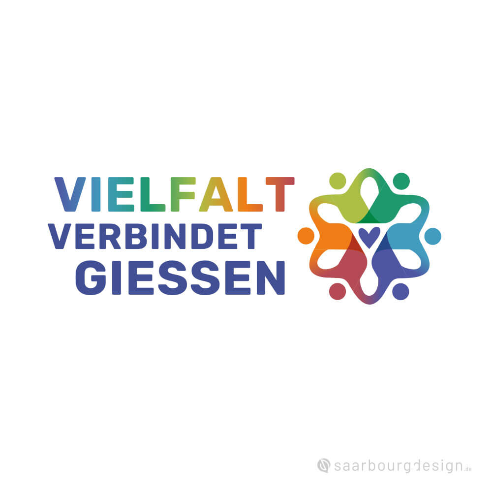 Logo der Initiative Vielfalt verbindet Gießen mit bunter Wortmarke und sternförmiger Bildmarke aus stilisierten Menschen.